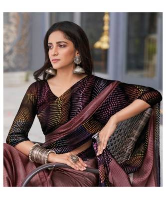 Peach printed chiffon saree with blouse 2