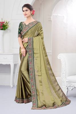 Dark green embroidered fancy fabric saree with blouse 4