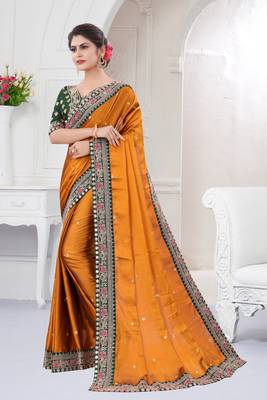 Yellow embroidered fancy fabric saree with blouse 3