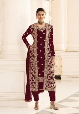 Wine Georgette Jacket Koti Style salwar kameez with Beatiful Embroidery Work 1