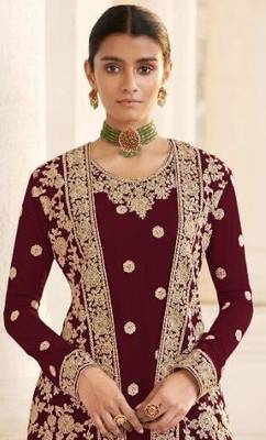 Wine Georgette Jacket Koti Style salwar kameez with Beatiful Embroidery Work 2