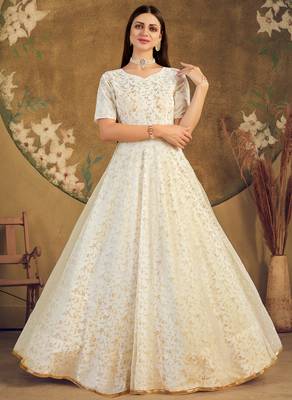 White FOILAGE PRINT NET EVENING LONG GOWN 1