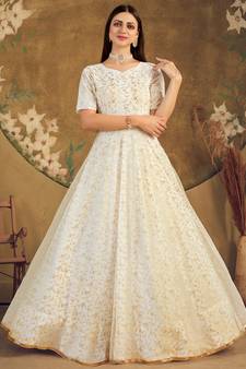 White FOILAGE PRINT NET EVENING LONG GOWN