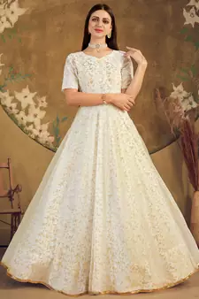 White FOILAGE PRINT NET EVENING LONG GOWN