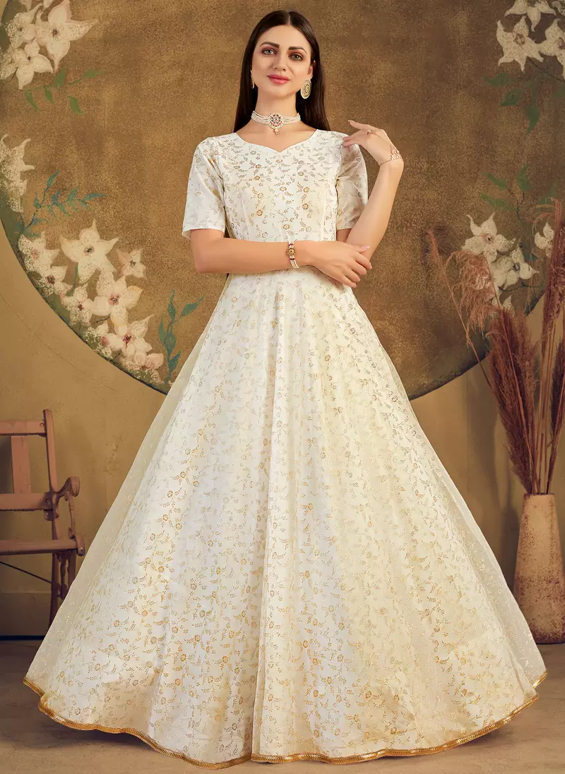 White FOILAGE PRINT NET EVENING LONG GOWN