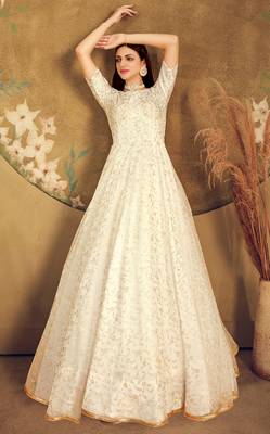 White FOILAGE PRINT NET EVENING LONG GOWN 3