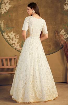 White FOILAGE PRINT NET EVENING LONG GOWN 4