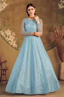 Sky blue FOILAGE PRINT NET EVENING LONG GOWN