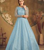 Sky blue FOILAGE PRINT NET EVENING LONG GOWN