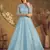 Sky blue FOILAGE PRINT NET EVENING LONG GOWN