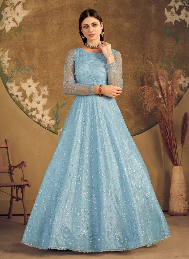 Sky blue FOILAGE PRINT NET EVENING LONG GOWN