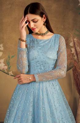Sky blue FOILAGE PRINT NET EVENING LONG GOWN 2