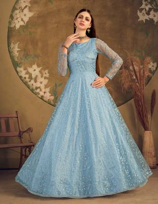 Sky blue FOILAGE PRINT NET EVENING LONG GOWN 3