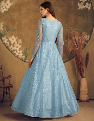 Sky blue FOILAGE PRINT NET EVENING LONG GOWN 4