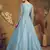 Sky blue FOILAGE PRINT NET EVENING LONG GOWN