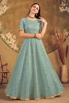 Light green FOILAGE PRINT NET EVENING LONG GOWN