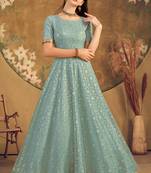 Light green FOILAGE PRINT NET EVENING LONG GOWN