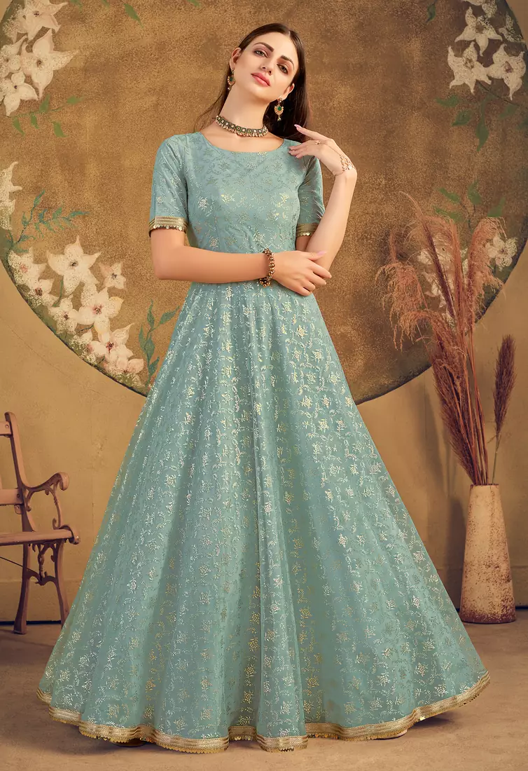 Light green FOILAGE PRINT NET EVENING LONG GOWN