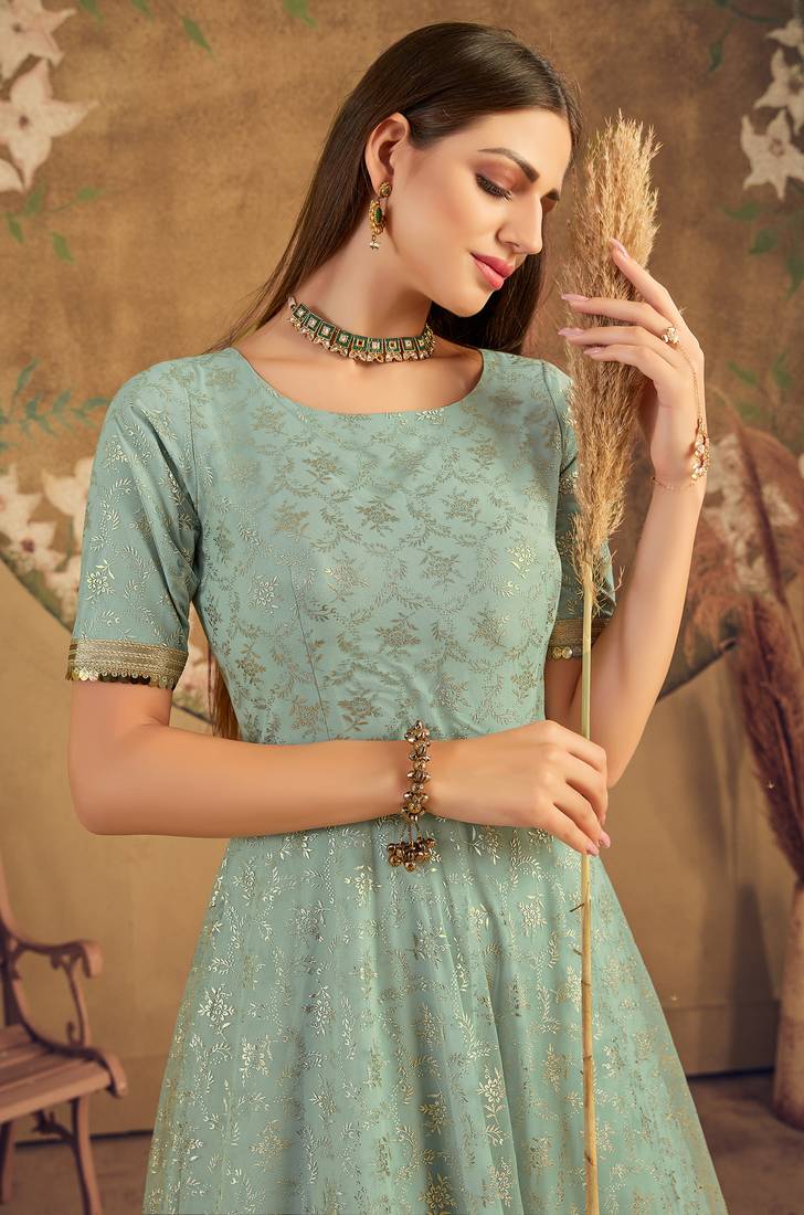 Light green FOILAGE PRINT NET EVENING LONG GOWN