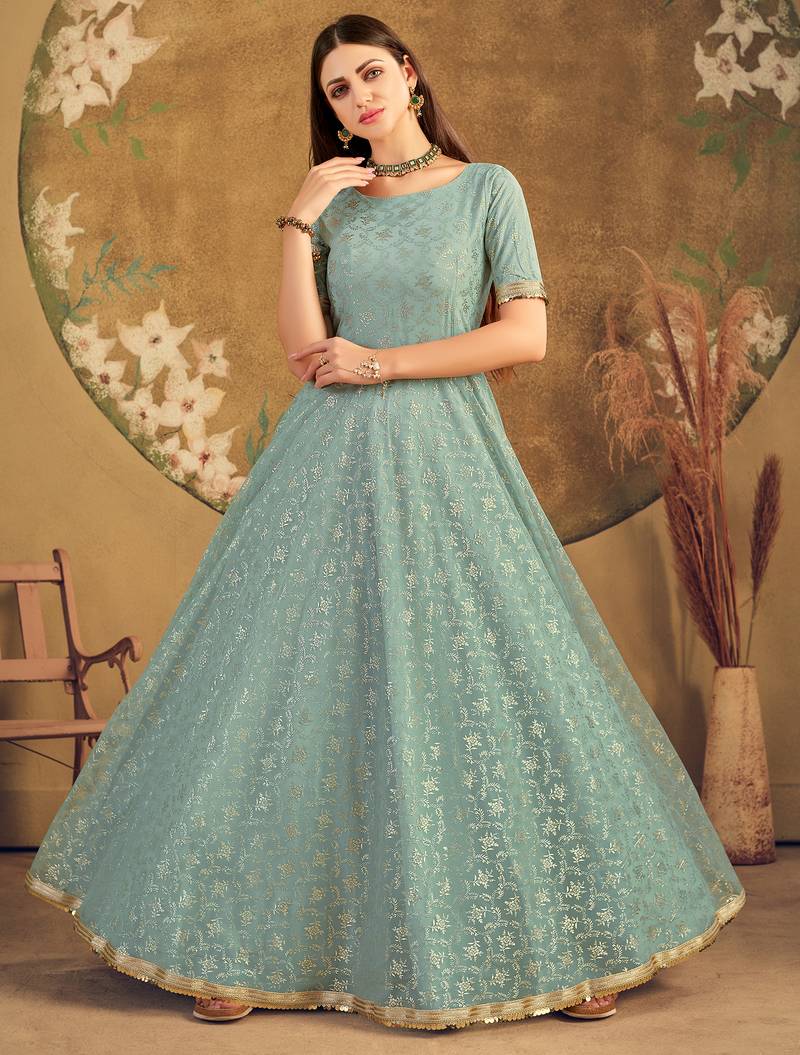 Light green FOILAGE PRINT NET EVENING LONG GOWN