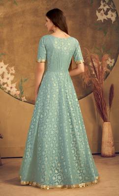 Light green FOILAGE PRINT NET EVENING LONG GOWN 4
