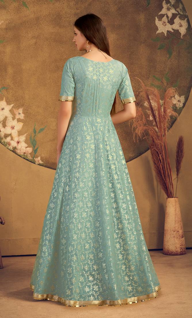 Light green FOILAGE PRINT NET EVENING LONG GOWN