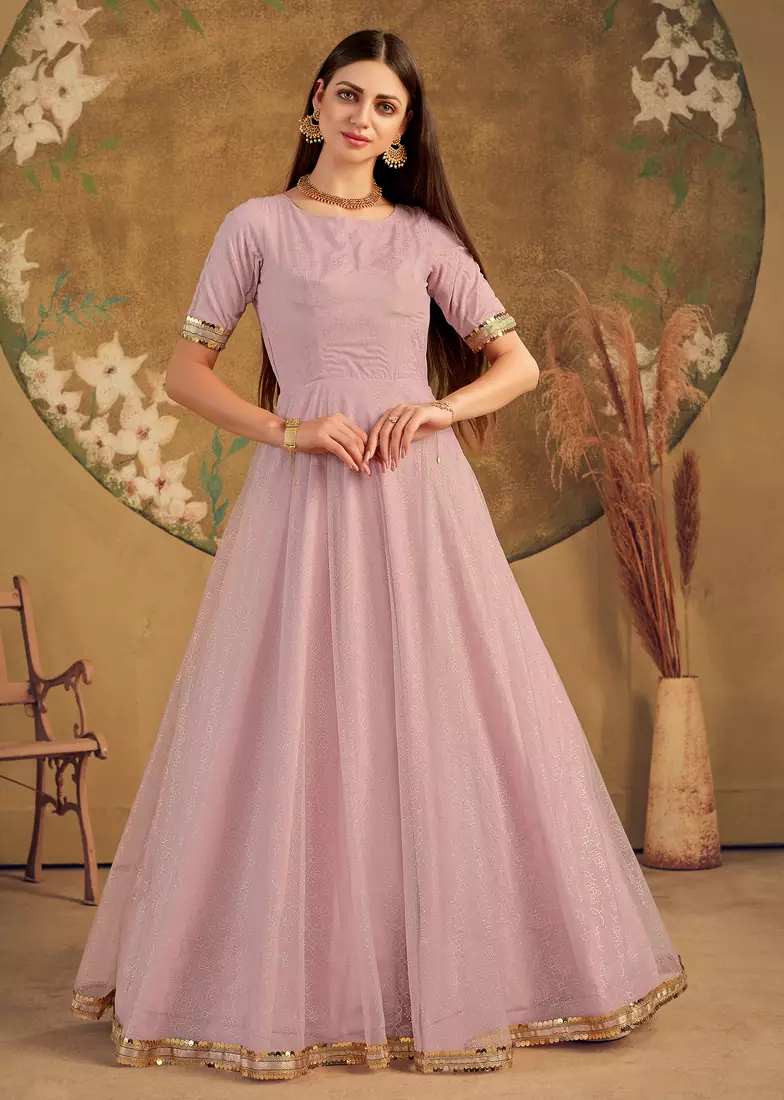 Dark pink FOILAGE PRINT NET EVENING LONG GOWN