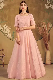 Peach FOILAGE PRINT NET EVENING LONG GOWN