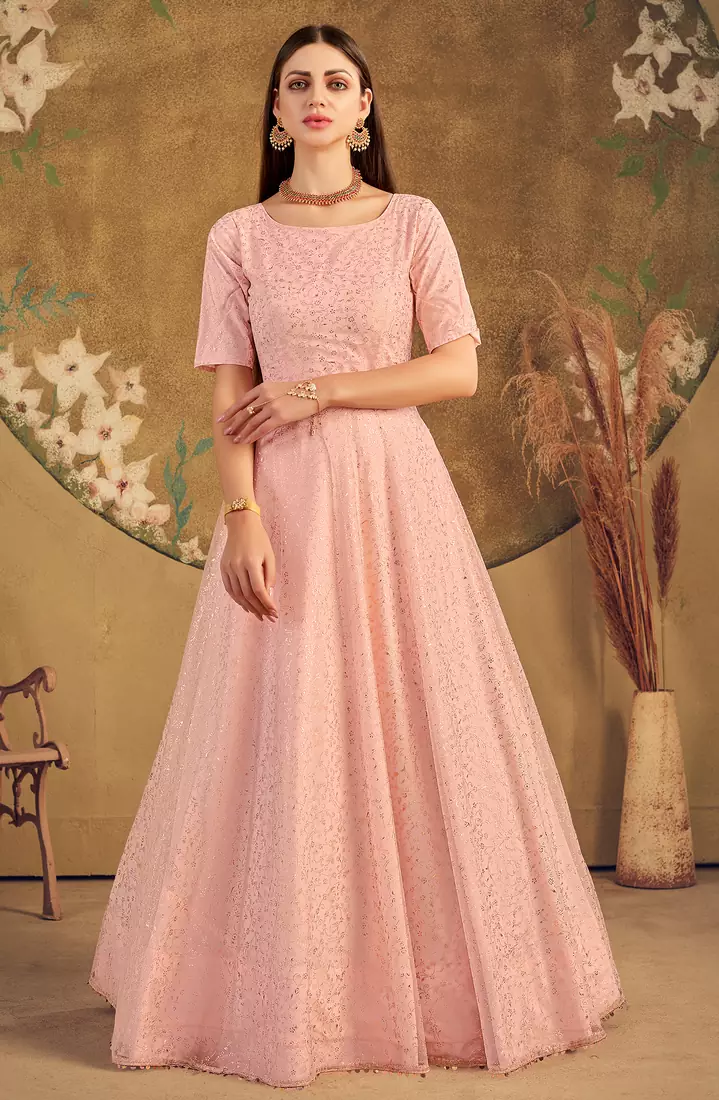 Peach FOILAGE PRINT NET EVENING LONG GOWN