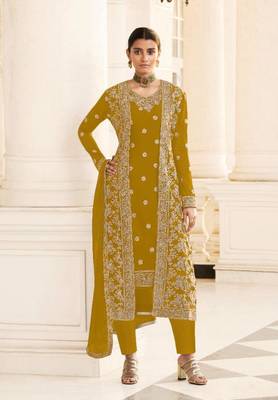 Yellow Georgette Jacket Koti Style salwar kameez with Beatiful Embroidery Work 1