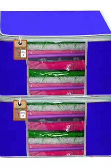 atorakushon   Fabric  Royal Blue Garment Storage Bags Wardrobe Organizer for Clothes Storage Box Saree Cover Pack of 2