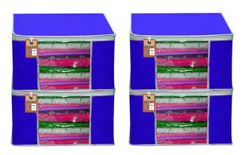 atorakushon   Fabric  Royal Blue Garment Storage Bags Wardrobe Organizer for Clothes Storage Box Saree Cover Pack of 4 1