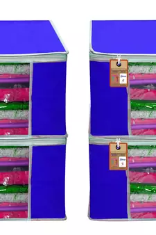 atorakushon   Fabric  Royal Blue Garment Storage Bags Wardrobe Organizer for Clothes Storage Box Saree Cover Pack of 4