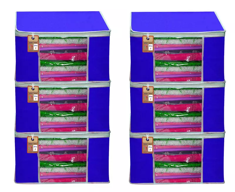 atorakushon® Fabric  Royal Blue Garment Storage Bags Wardrobe Organizer for Clothes Storage Box Saree Cover Pack of 6