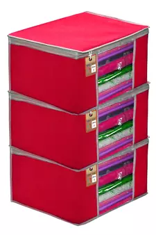 atorakushon   Fabric  Pink Garment Storage Bags Wardrobe Organizer for Clothes Storage Box Saree Cover Pack of 3