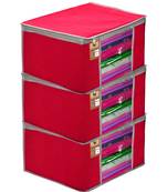 atorakushon   Fabric  Pink Garment Storage Bags Wardrobe Organizer for Clothes Storage Box Saree Cover Pack of 3
