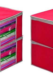 atorakushon   Fabric  Pink Garment Storage Bags Wardrobe Organizer for Clothes Storage Box Saree Cover Pack of 4
