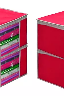 atorakushon   Fabric  Pink Garment Storage Bags Wardrobe Organizer for Clothes Storage Box Saree Cover Pack of 4