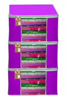 atorakushon   Fabric  Purple Garment Storage Bags Wardrobe Organizer for Clothes Storage Box Saree Cover Pack of 3
