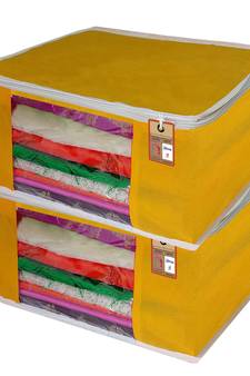 atorakushon   Fabric  Yellow Garment Storage Bags Wardrobe Organizer for Clothes Storage Box Saree Cover Pack of 2