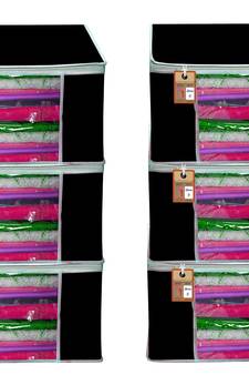 atorakushon   Fabric Black Garment Storage Bags Wardrobe Organizer for Clothes Storage Box Saree Cover Pack of 6