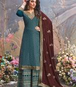 Aqua Blue Upada silk Embroidered shtraight style salwar kameez Plazzo suit