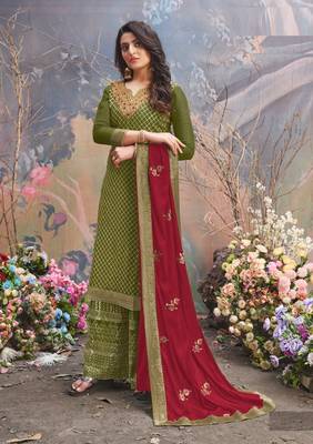 Mahendi green Upada silk Embroidered shtraight style salwar kameez Plazzo suit 1