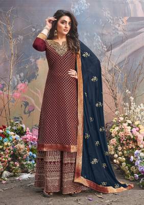 Maroon Upada silk Embroidered shtraight style salwar kameez Plazzo suit 1