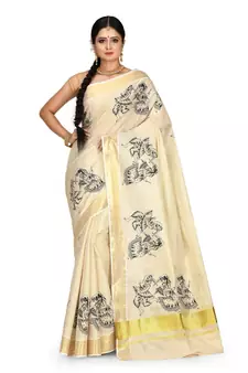 Light Beige Pure Cotton and Zari Woven Traditional Kerala Kasavu Tissue Saree With Blouse