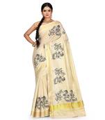 Light Beige Pure Cotton and Zari Woven Traditional Kerala Kasavu Tissue Saree With Blouse