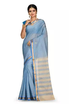 Blue Chettinad Handloom Pure Cotton Traditional Zari Border Saree With Blouse