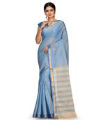 Blue Chettinad Handloom Pure Cotton Traditional Zari Border Saree With Blouse
