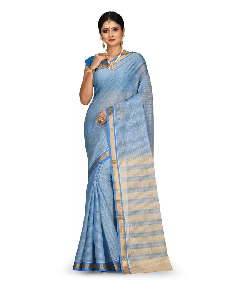 Blue Chettinad Handloom Pure Cotton Traditional Zari Border Saree With Blouse