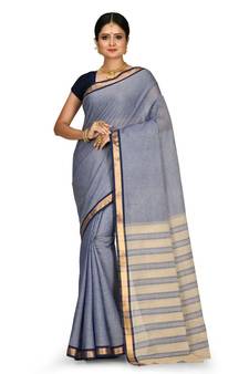 Indigo Blue Chettinad Handloom Pure Cotton Traditional Zari Border Saree With Blouse